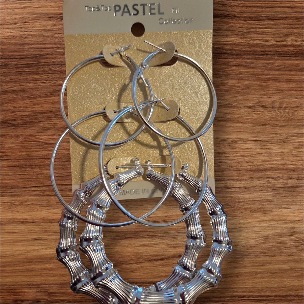 Pastels Clothing Silver Hoop Bamboo-Textured Earrings Set